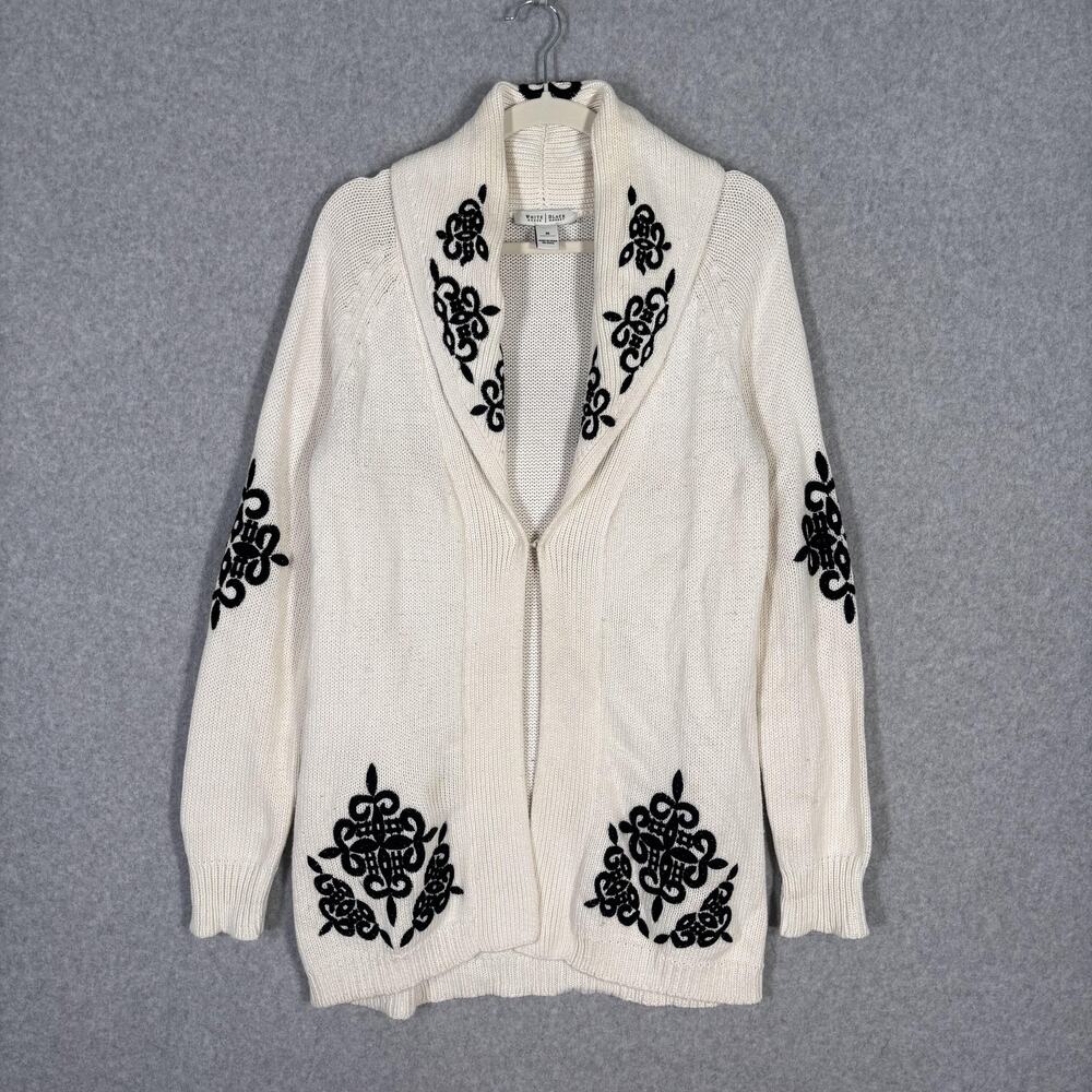 WHBM Embroidered Fisherman Cardigan Sweater Medium Cream Heritage Medallion READ